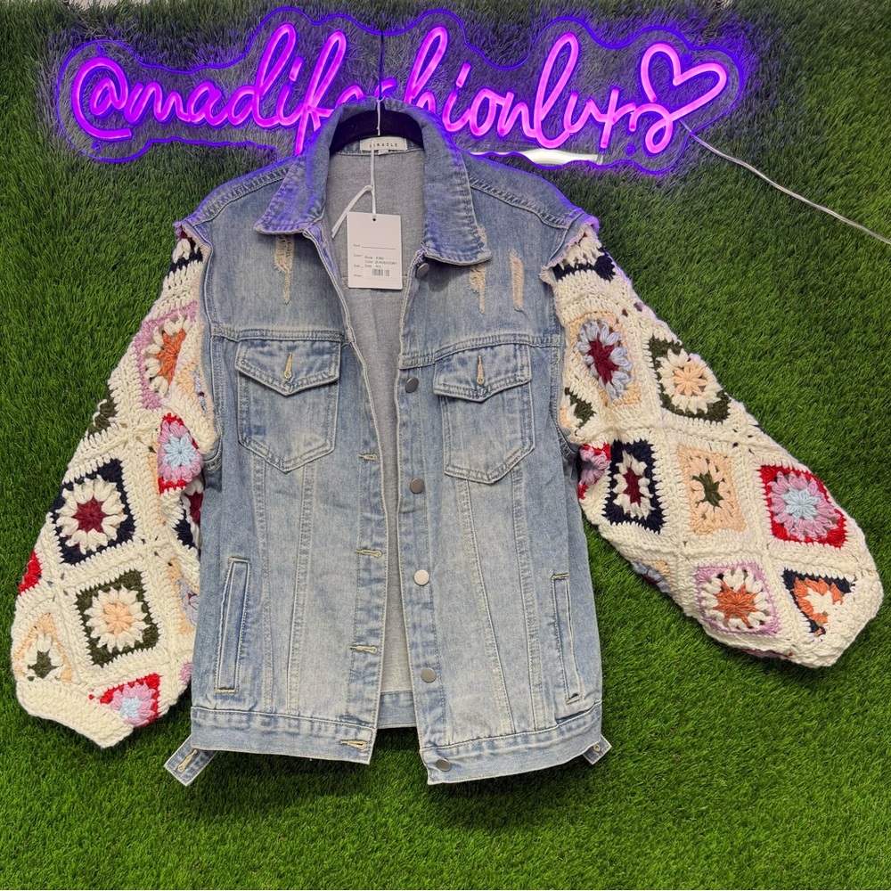 Miracle ivory denim jacket diamond crochet sleeves
